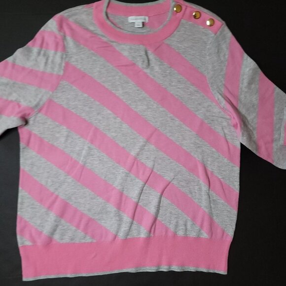 Charter Club Sweater XL Pink Gray Striped Crew Neck Pullover Gold Buttons - Picture 5 of 5